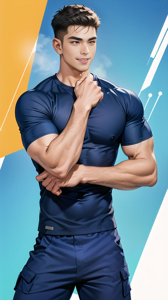1 man, smile, (wearing navy clothes, round neck, short sleeve football shirt.), Navy cargo pants, Korean guy , korean men, (High gloss details), chest muscles, Big arm muscles, blood vessel, big muscles, Broad shoulders, looking at the audience, Balancing the eyes, (Make eye contact), sports stadium, football