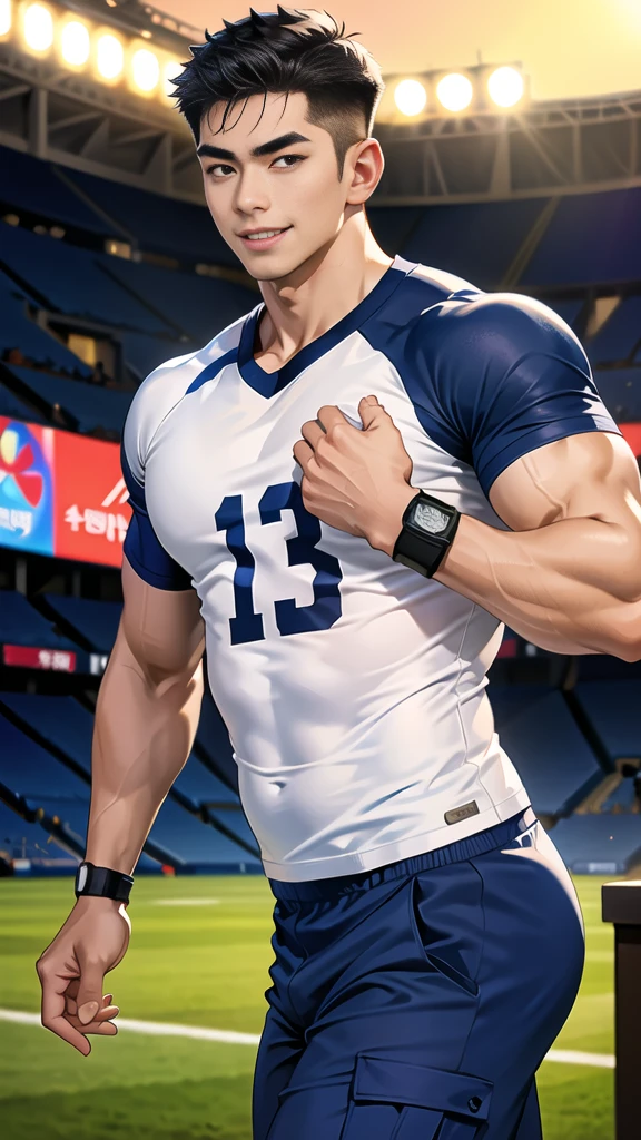 1 man, smile, (wearing navy clothes, round neck, short sleeve football shirt.), Navy cargo pants, Korean guy , korean men, (High gloss details), chest muscles, Big arm muscles, blood vessel, big muscles, Broad shoulders, looking at the audience, Balancing the eyes, (Make eye contact), sports stadium, football