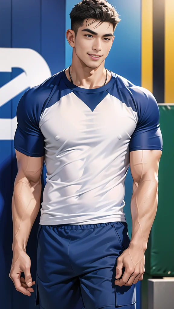 1 man, smile, (wearing navy clothes, round neck, short sleeve football shirt.), Navy cargo pants, Korean guy , korean men, (High gloss details), chest muscles, Big arm muscles, blood vessel, big muscles, Broad shoulders, looking at the audience, Balancing the eyes, (Make eye contact), sports stadium, football