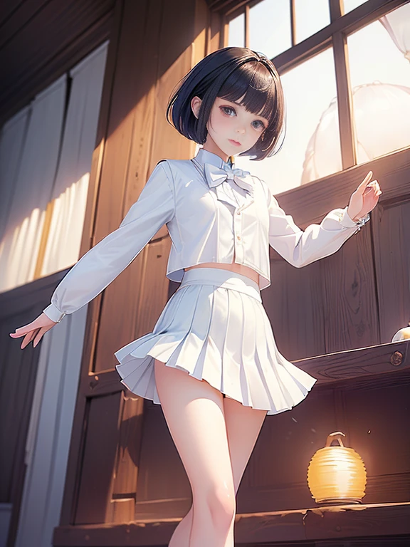 (masterpiece、Highest quality:1.7)、(:1.5)、(Full body shot:1.7)、((Bobcut、Black Hair))、85mm、16K、Official Art、RAW Photos、Best Beautiful Faces、Close-up、Violet、Gardenia、((The best beautiful girl、very cute))、Red blush on cheeks、((indoor))、(Are standing:1.8)、Film Grain、Chromatic Aberration、Sharp Focus、(((Nice hands、Perfect hands、Perfect Fingers、Thin and delicate fingers、A perfect body without flaws)))、Detailed face、(Slender body:1.5)、(Slender body:1.1)、(Slim upper body:1.1)、(Small and flat bust:1.7)、(Narrow thighs:1.3)、(One leg raised:1.7)、(Let your bangs hang down:1.8)、(Blushing:1.8)、(Low contrast lighting:1.4)、(襟t付きのwhiteタイトビジネスブラウス:1.5)、((white)Bowtie blouse:1.5)、(Long sleeve: 1.4)、(Very short length(white)Pleated mini skirt:1.8)、(Cover your chest with your palms:1.7),(The wind is blowing up her skirt:1.8),(Low angle from below:1.8),(Holding the crotch:1.4)