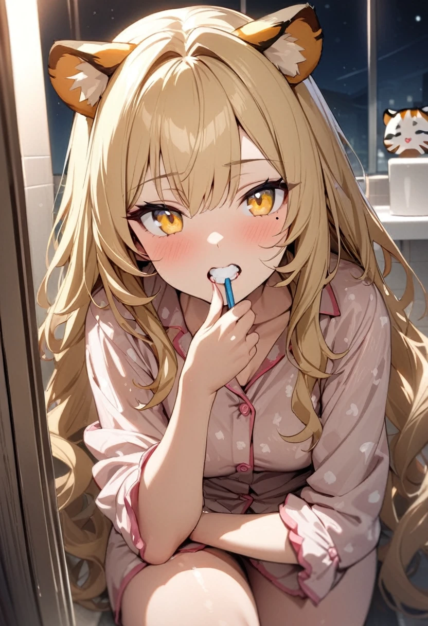1girl、(((best quality)), ((masterpiece)), (details), masterpiece, best quality, high quality, ulutra detailed, perfect face, ((1girl, blond eyes, tiger ears: 1.3 blond long hair: 2.5,Mole under left eye:2.0))、Shiny Hair、Glowing Skin、Lustful look、pajamas、pajamasの短パン、night、Brushing your teeth、sleepy、Washroom