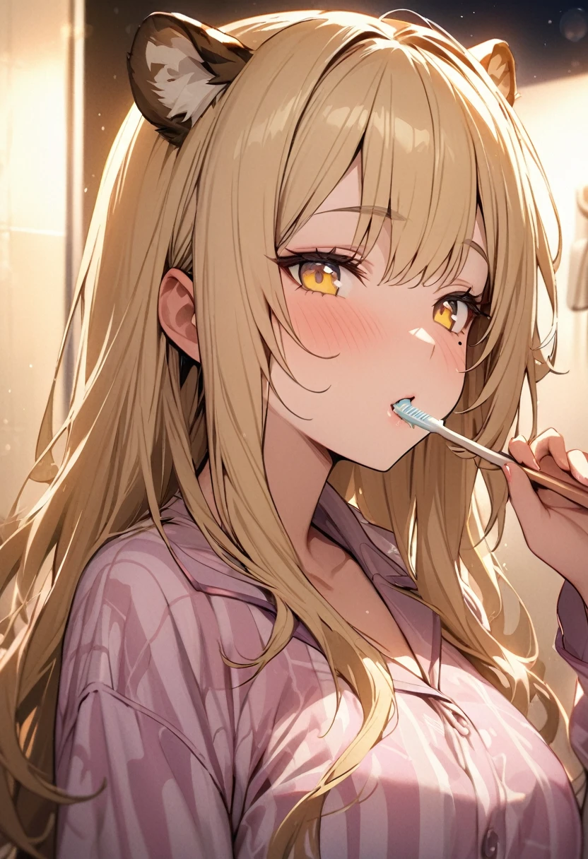 1girl、(((best quality)), ((masterpiece)), (details), masterpiece, best quality, high quality, ulutra detailed, perfect face, ((1girl, blond eyes, tiger ears: 1.3 blond long hair: 2.5,Mole under left eye:2.0))、Shiny Hair、Glowing Skin、Lustful look、pajamas、pajamasの短パン、night、Brushing your teeth、sleepy、Washroom