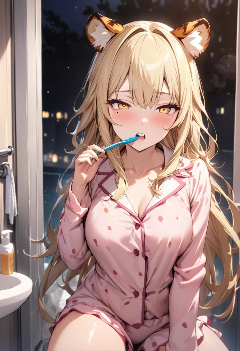 1girl、(((best quality)), ((masterpiece)), (details), masterpiece, best quality, high quality, ulutra detailed, perfect face, ((1girl, blond eyes, tiger ears: 1.3 blond long hair: 2.5,Mole under left eye:2.0))、Shiny Hair、Glowing Skin、Lustful look、pajamas、pajamasの短パン、night、Brushing your teeth、sleepy、Washroom