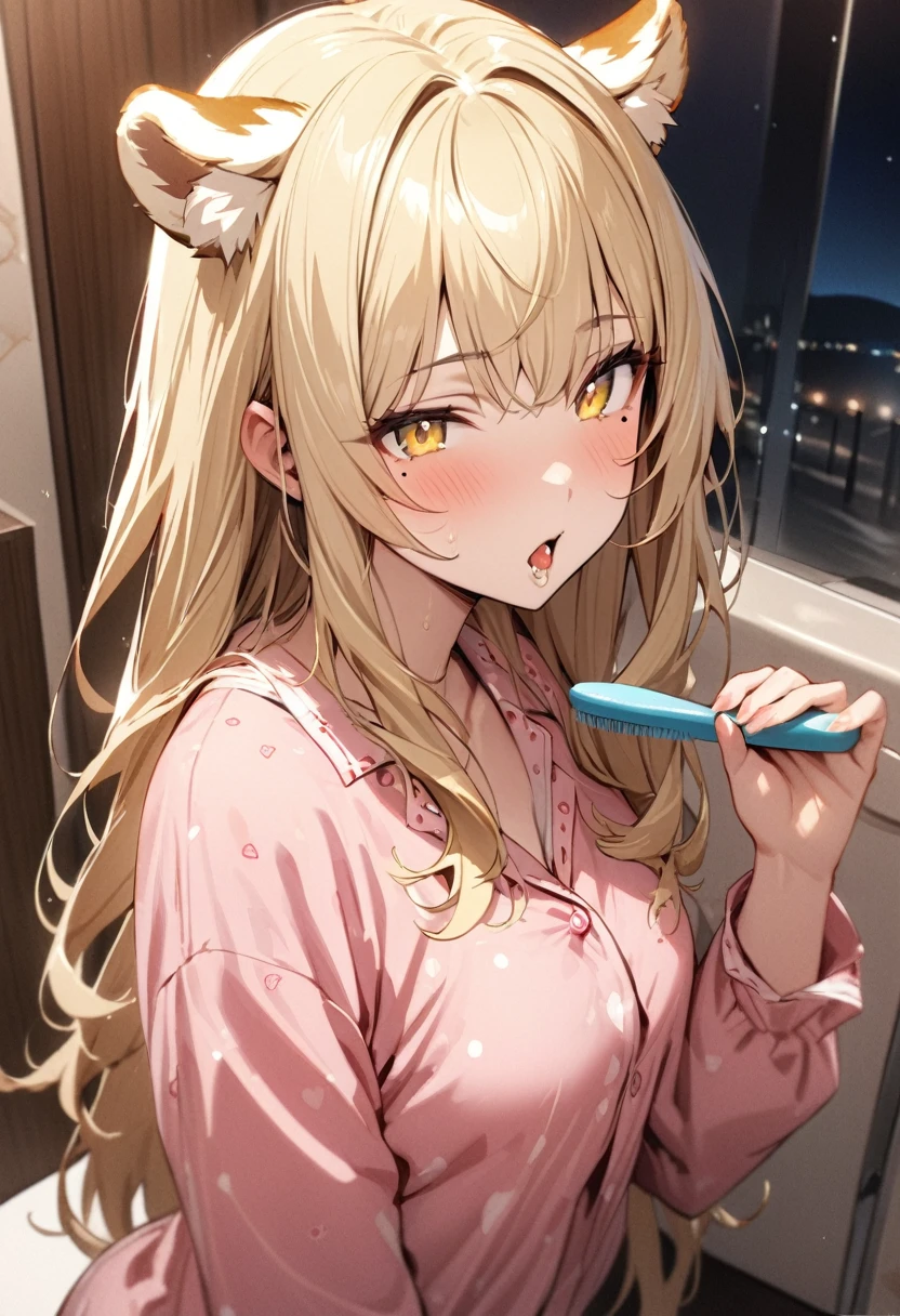 1girl、(((best quality)), ((masterpiece)), (details), masterpiece, best quality, high quality, ulutra detailed, perfect face, ((1girl, blond eyes, tiger ears: 1.3 blond long hair: 2.5,Mole under left eye：2.0))、Shiny Hair、Glowing Skin、ful look、pajamas、pajamasの短パン、night、Brushing your teeth、sleepy、Washroom