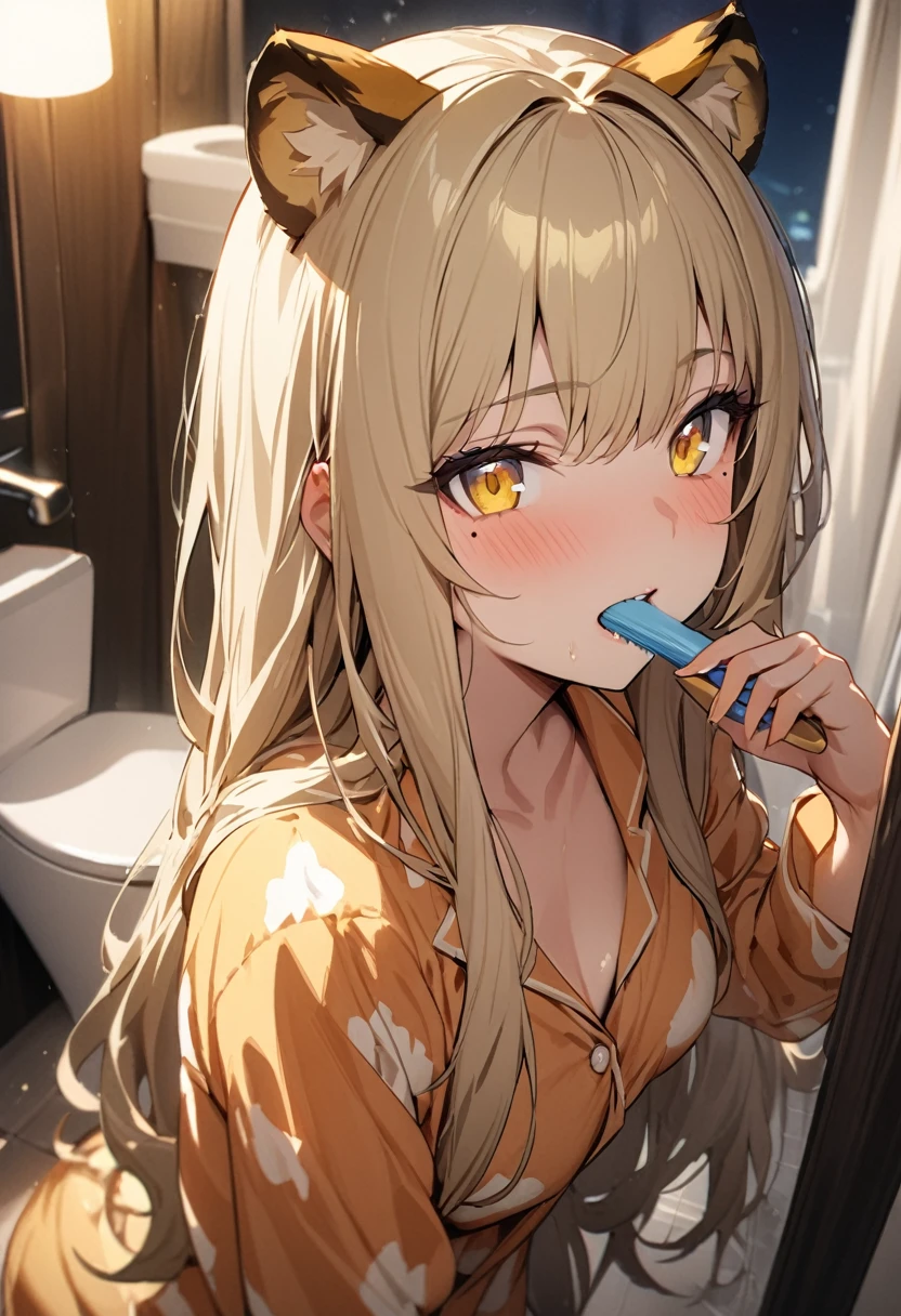 1girl、(((best quality)), ((masterpiece)), (details), masterpiece, best quality, high quality, ulutra detailed, perfect face, ((1girl, blond eyes, tiger ears: 1.3 blond long hair: 2.5,Mole under left eye:2.0))、Shiny Hair、Glowing Skin、Lustful look、pajamas、pajamasの短パン、night、Brushing your teeth、sleepy、Washroom