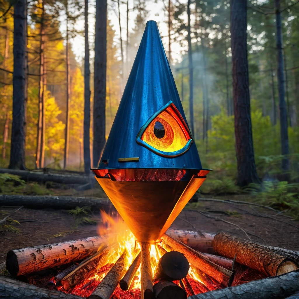 a bonfire camping wood flying through the air cone shape The color gradates from blue mix red on the outside to golden yellow in the center. In the midst of the flames, the shape of a face with eyes and a mouth could be vaguely seen unreal engine style realistic background is in the forest behind many tall trees with a sparkling fire light effect 