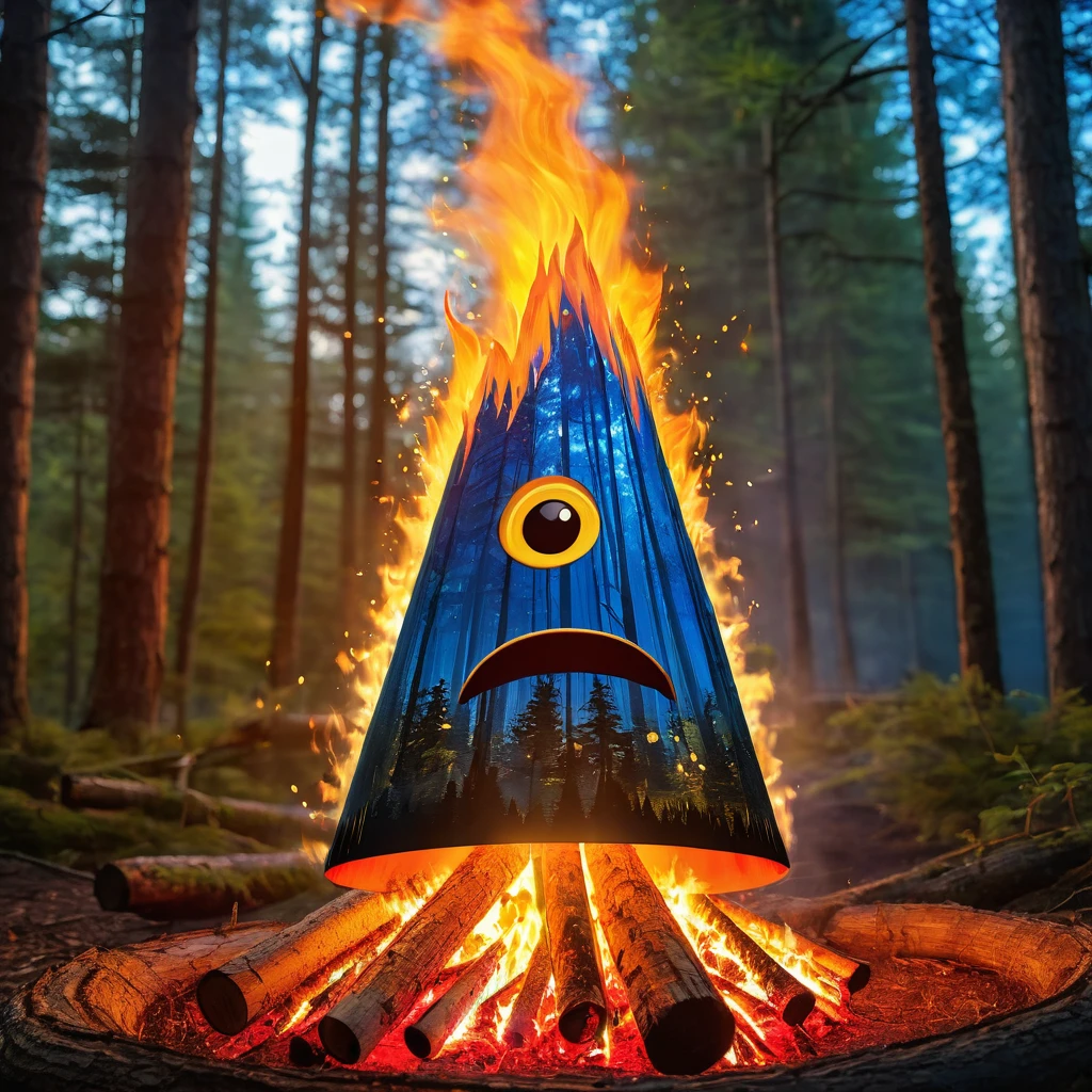 a bonfire camping wood flying through the air cone shape The color gradates from blue mix red on the outside to golden yellow in the center. In the midst of the flames, the shape of a face with eyes and a mouth could be vaguely seen unreal engine style realistic background is in the forest behind many tall trees with a sparkling fire light effect
