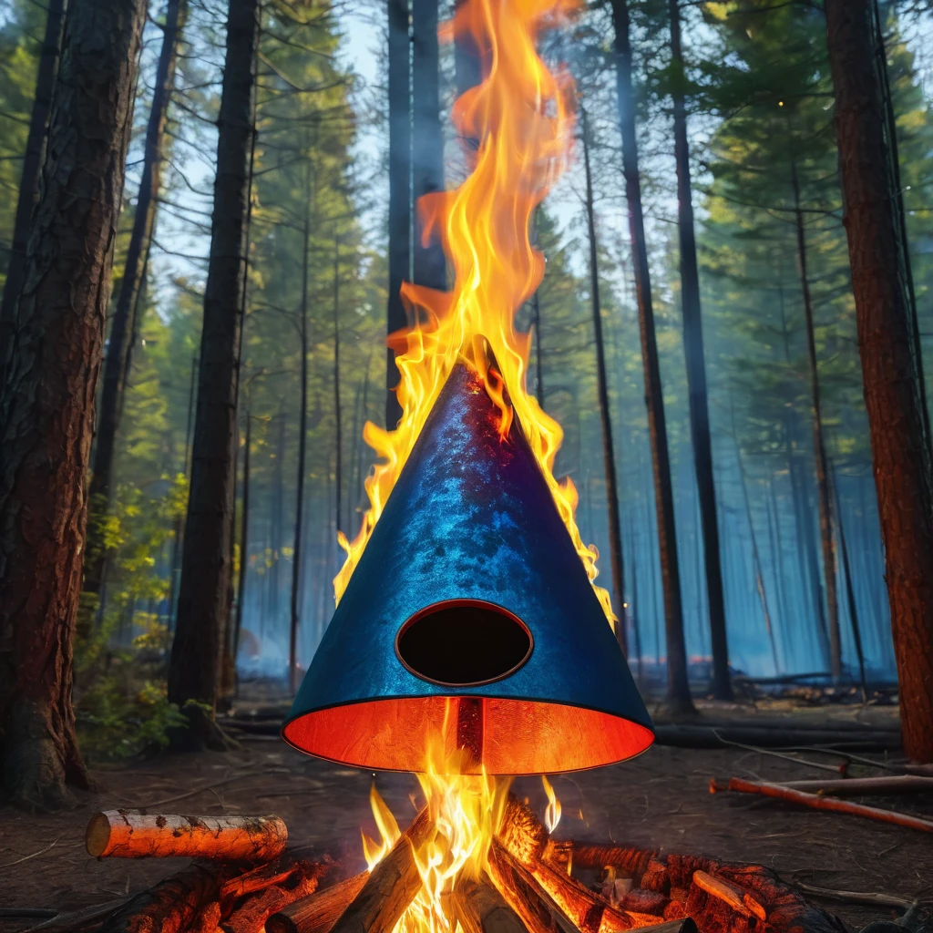 a bonfire camping wood flying through the air cone shape The color gradates from blue mix red on the outside to golden yellow in the center. In the midst of the flames, the shape of a face with eyes and a mouth could be vaguely seen unreal engine style realistic background is in the forest behind many tall trees with a sparkling fire light effect