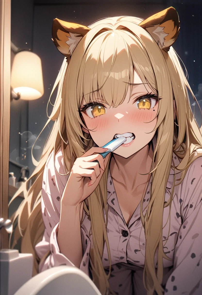 1girl、(((best quality)), ((masterpiece)), (details), masterpiece, best quality, high quality, ulutra detailed, perfect face, ((1girl, blond eyes, tiger ears: 1.3 blond long hair: 2.5,Mole under left eye：2.0))、Shiny Hair、Glowing Skin、Lustful look、pajamas、pajamasの短パン、night、Brushing your teeth、sleepy、Washroom