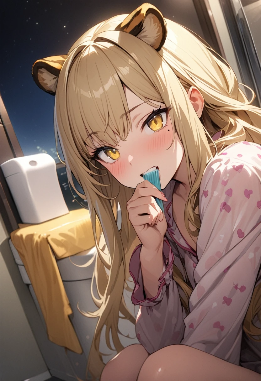 1girl、(((best quality)), ((masterpiece)), (details), masterpiece, best quality, high quality, ulutra detailed, perfect face, ((1girl, blond eyes, tiger ears: 1.3 blond long hair: 2.5,Mole under left eye：2.0))、Shiny Hair、Glowing Skin、Lustful look、pajamas、pajamasの短パン、night、Brushing your teeth、sleepy、Washroom