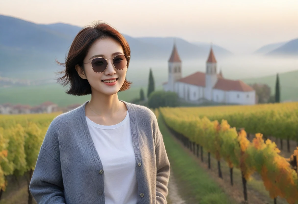 8k best picture quality, Beautiful 36-year-old Korean woman, Chest size 34 inches, Dawn in the early autumn countryside in northern Italy, View of the cathedral next to the vineyards, The back background is realistic and vivid quality., short medium hair, shirts and cardigans, Wear casual pants, Smile slightly. the background is clear, look up to the side., Looking at vineyards covered in thick fog from a hillside road, Wearing thick horn-rimmed sunglasses, Secret sunglasses expression, 