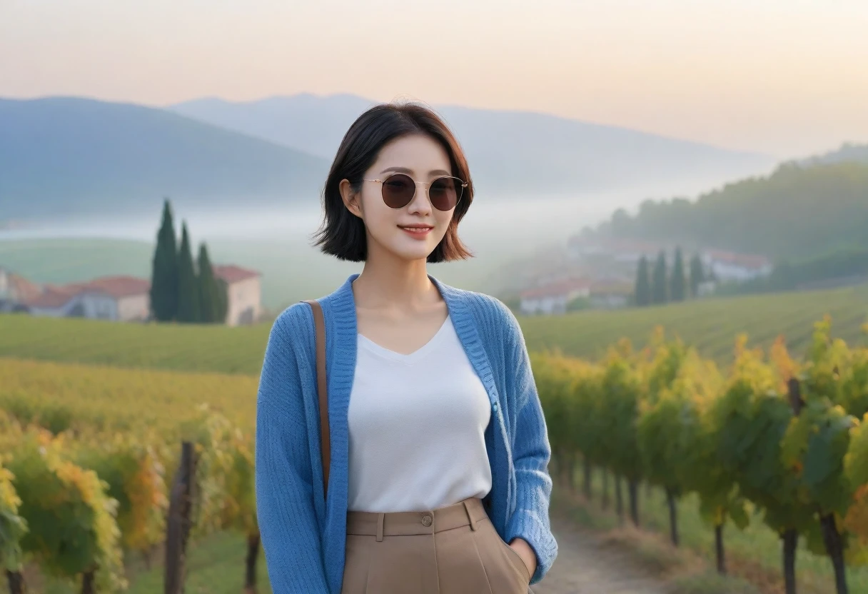 8k best picture quality, Beautiful 36-year-old Korean woman, Chest size 34 inches, Dawn in the early autumn countryside in northern Italy, View of the cathedral next to the vineyards, The back background is realistic and vivid quality., short medium hair, shirts and cardigans, Wear casual pants, Smile slightly. the background is clear, look up to the side., Looking at vineyards covered in thick fog from a hillside road, Wearing thick horn-rimmed sunglasses, Secret sunglasses expression,