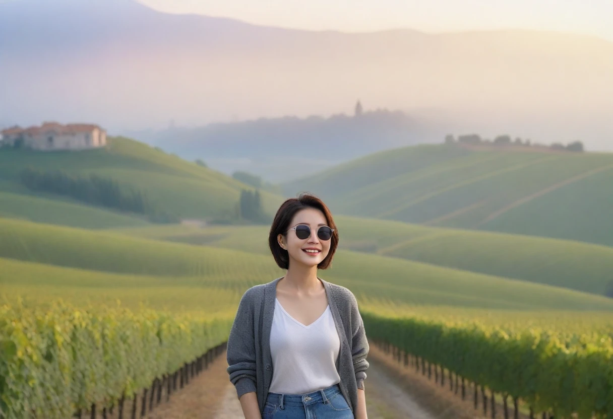 8k best picture quality, Beautiful 36-year-old Korean woman, Chest size 34 inches, Dawn in the early autumn countryside in northern Italy, View of the cathedral next to the vineyards, The back background is realistic and vivid quality., short medium hair, shirts and cardigans, Wear casual pants, Smile slightly. the background is clear, look up to the side., Looking at vineyards covered in thick fog from a hillside road, Wearing thick horn-rimmed sunglasses, Secret sunglasses expression, 