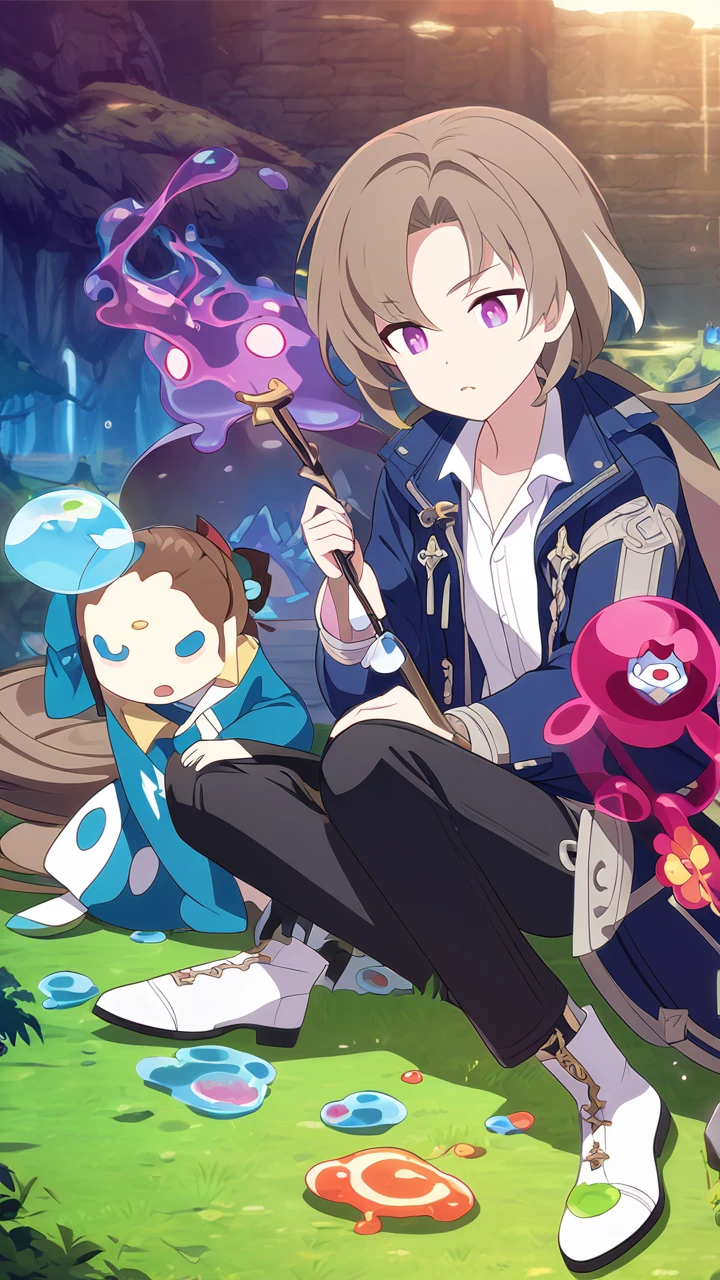 Character style, Brown hair, White mulicolored hair, Magenta eyes , Male, Man, Blue Jacket, White Shirt, Black pants, White shoes, Fantasy, Isekai fantasy, Cheat skill, skill effect, Hd, Illustration, Pixiv, Slime pet