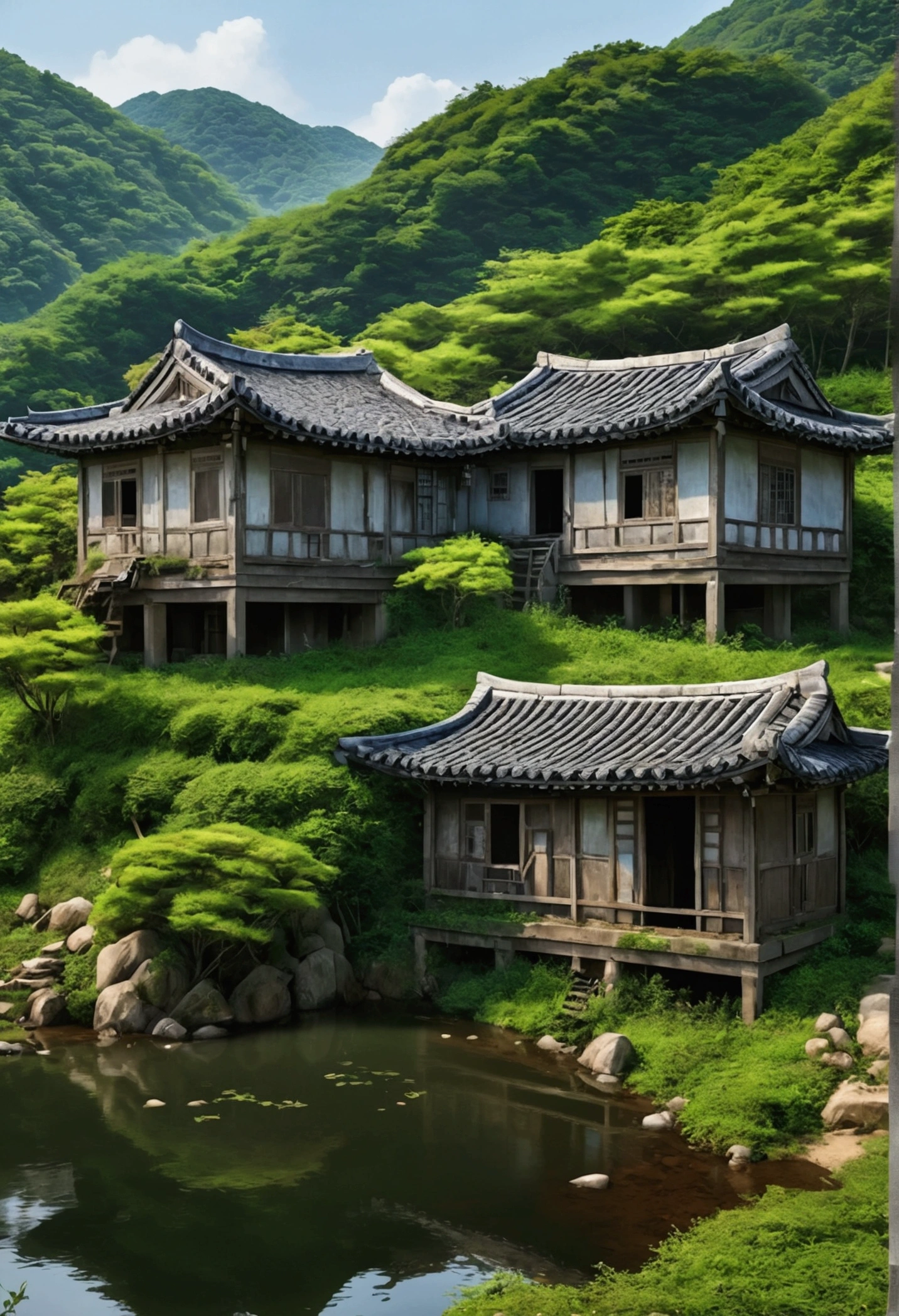 Abandoned Houses in Korea,landscape, water, (Highly detailed CG unit 8K wallpaper), The most beautiful works of art in the world, Majestic Oil Painting Professional, Complex, Attention to detail, Sharp focus, Dramatic and realistic painting art