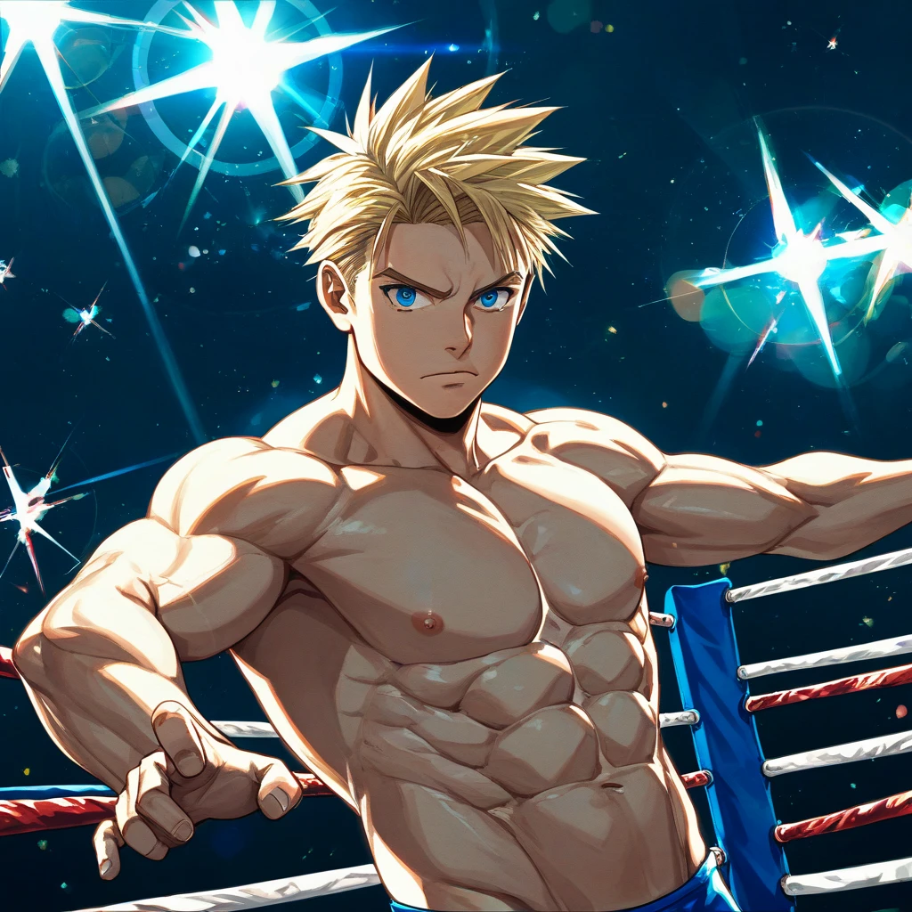 score_9, score_8_up, score_7_up, source_anime, score_6_up, score_5_up, score_4_up, BREAK 1guy, heavy weight muscular, black wrestling bikini, solo, topless, blonde, fighting stance, hollywood action, masculine handsome guy, tsurime, sanpaku, blue eyes, spiked hair, nipples, abs, male high ratio body proportions, dramatic expression, dutch angle, on wrestling ring, thick waist, stocky waist, slighty chubby, muscular plump, 1990s, cinematic shadows, cinematic lighting, lens flare, light leaks, VHS Quality