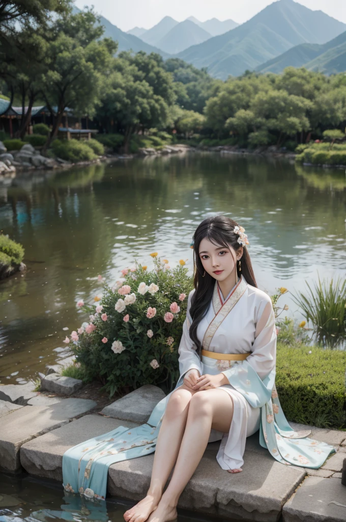 Hanfu, 1 girl, Medium bust, rift, mountain, soaking foot, sit, Chinese park background,white thighs,Clear water,(foot:1.3), too many flowers,  