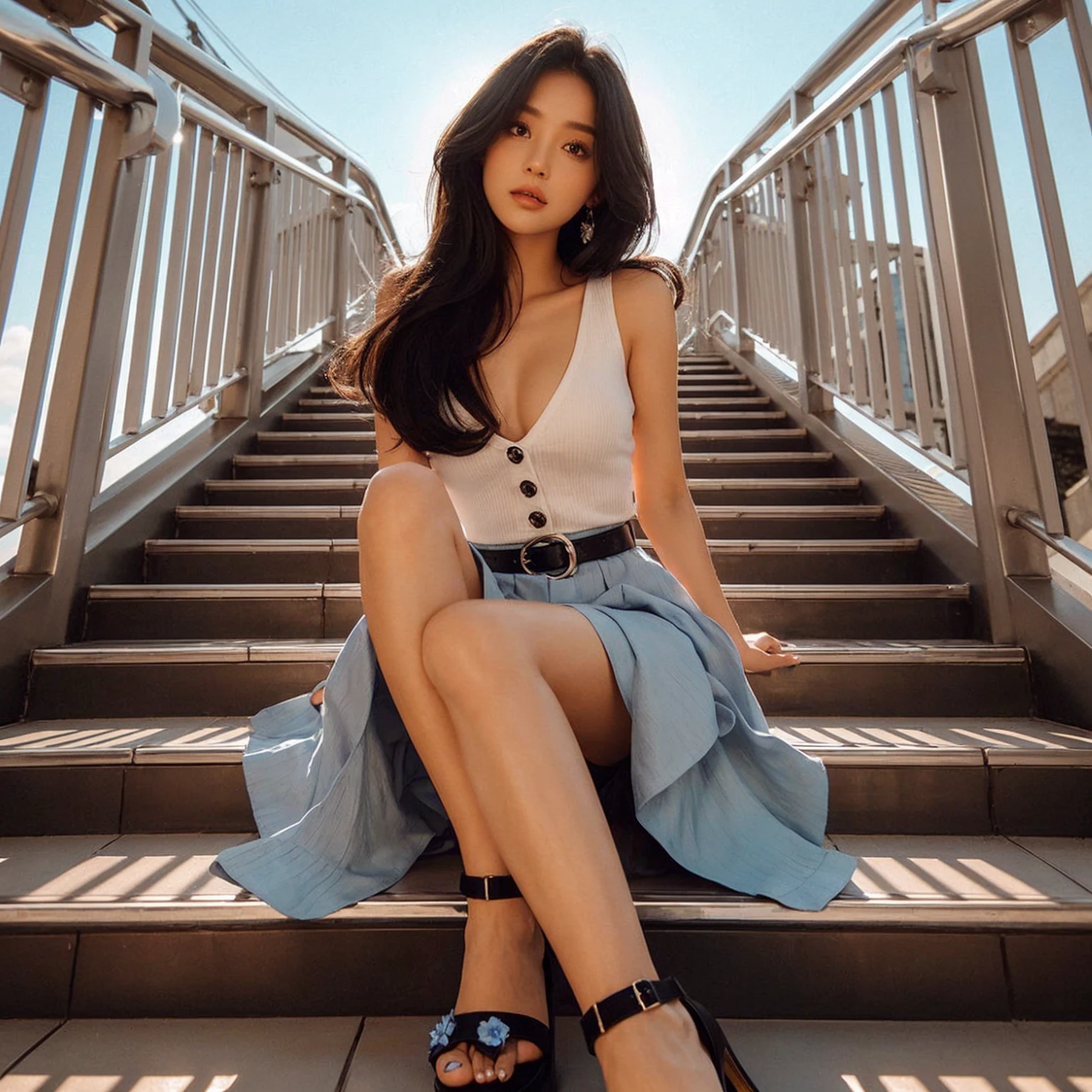 A young woman is sitting on an outdoor staircase, with metal railings on both sides. She is wearing a light blue skirt and a white sleeveless top, with long, dark hair cascading over her shoulders. She has on black high-heeled sandals with blue flower accents. The sun is shining brightly, casting distinct shadows on t