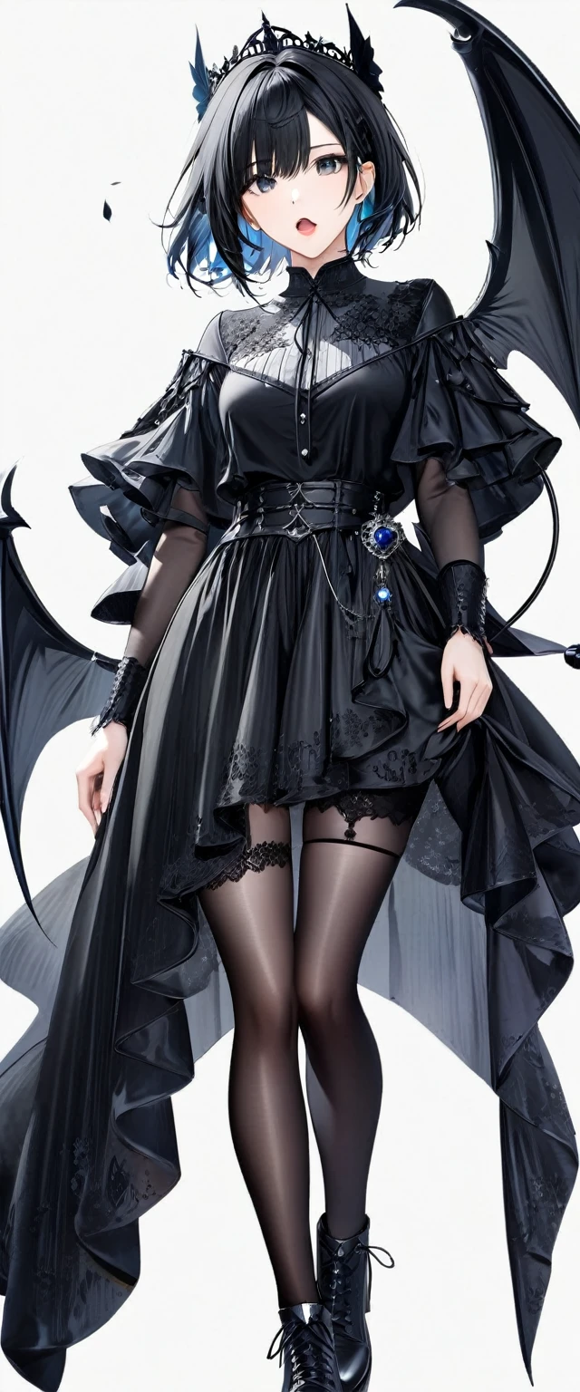 (((White background:1.5)))、(((A Scandinavian gothic metal girl singing with a microphone in both hands and an open mouth:1.5)))),(The entire subject is captured),(((full body:1.2))),(very wide shot)、(((masterpiece、Ultra HD、Highest quality、Masterpiece、4K:1.5)))、Slender body、(Look at the viewer with an intense gaze), Highly detailed eyes, Highly detailed fingers、Black short hair、(T-shirt on top、Shorts underneath), Wearing high heels、Dynamic pose,singing coolly、