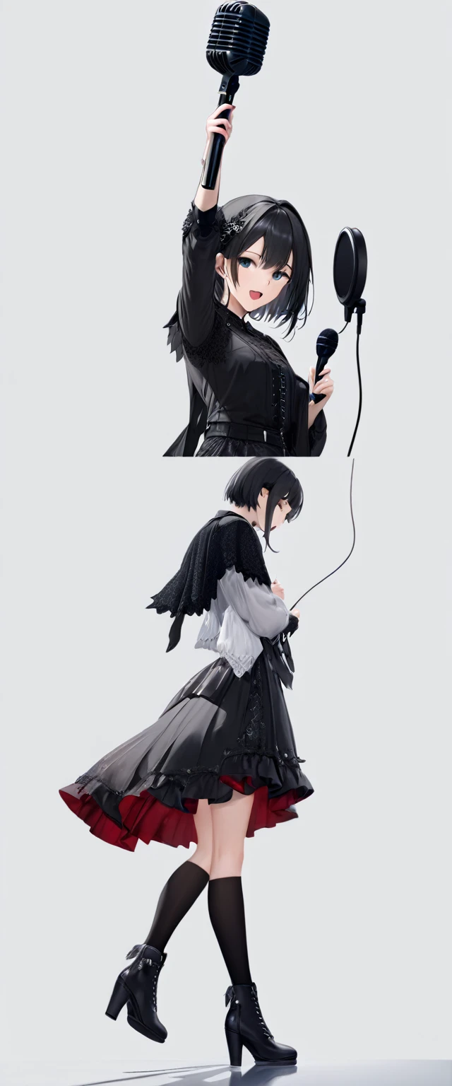 (((White background:1.5)))、(((A Scandinavian gothic metal girl singing with a microphone in both hands and an open mouth:1.5)))),(The entire subject is captured),(((full body:1.2))),(very wide shot)、(((masterpiece、Ultra HD、Highest quality、Masterpiece、４K:1.5)))、Slender body、(Look at the viewer with an intense gaze), Highly detailed eyes, Highly detailed fingers、Black short hair、(T-shirt on top、Shorts underneath), Wearing high heels、Dynamic pose,singing coolly、