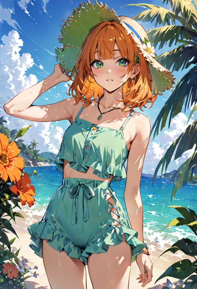Highest quality、High resolution、masterpiece、Orange shaggy hair、Short bangs、Blue and green summer outfit、Bright、flowerpunk、