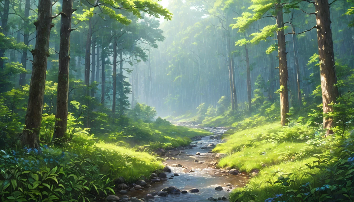 early summer,Daytime,forest,rain,Rich in nature,Highest quality, 8k, High resolution, masterpiece:1.2, Very detailed, Realistic:1.37, High resolution, 超High resolution, Very detailed, Professional, Vibrant colors