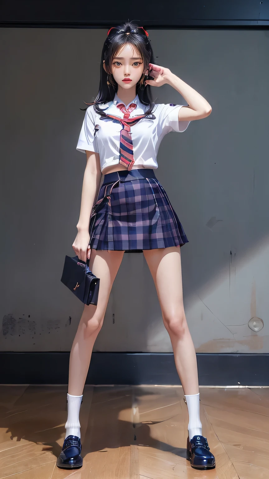 ((masterpiece)),(((最high quality))),(((((Full body shot of a girl taken from the floor:1.7))))),((Photograph the whole body from knee height:1.6)),((((((Please stand up straight:1.9)))))),((Thin thighs:1.3)),((Long legs:1.4)),(((Girl standing in a school classroom:1.7))),(((Micro Mini Skirt Uniform:1.6))),((Slim Model body type:1.8)),((Japan  in summer uniform:1.8)),((Wearing a red tie:1.5)),(Wearing a white shirt with short sleeves:1.3),Her erect nipples are clearly visible under her clothes.,(Navy blue checked micro mini skirt:1.7),(16 years old:1.3),bangs,A small smile,((cute girl)),Slender girl,Black Loafers,(((short white socks up to the ankles,:1.2))),cute,The thighs below the groin are slim and firm,cute,Black hair ponytail,Thin legs,Slim Model body type,Very small waist,Small hips,Long thighs,Thin thighs,Thin hands,Long hands,((((Shooting full body from below:1.5)))),(((((k-popのIVEのWONYOUNGにそっくりの女の子:1.9))))),((Turn your whole body straight ahead:1.8)),((expensive:1.4)),(Stand with your legs straight without bending your knees:1.7),((Please stand up straight:1.7)),((turn your hips forward:1.7)),The ankles are super thin,beauty,Fine skin,Firm Skin,Realistically reproduced skin detail of thin legs,Very detailed, Attention to detail,high quality,Awards,High resolution,(Anatomically correct:1.3),(8k,RAW Photos,最high quality,masterpiece:1.5),(((Photographing a girl&#39;Full body from below))),(((She is taking a picture with three other girls from her class.:1.5))),All three are slim and cute.,Height 173cm,((Please stand up straight:1.7)),((Please stand up straight:1.7)),((Please stand up straight:1.5)),((Please stand up straight:1.7)),(((Keep your back straight:1.8))),((Look forward:1.2)),9 head beauty,Model body type,((Inseam is half the height:1.3)),Thin thighs,((k-popのIVEのWONYOUNGにそっくりの女の子:1.5)),Tiny and slim waist