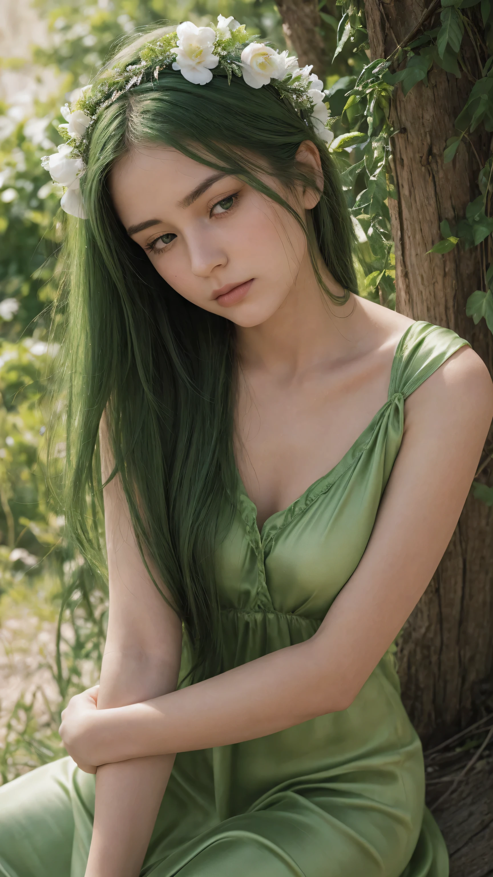 a girl. face sent feeling. Europe. Oval face. long face. delicate facial features. half-closed eyes. seductively seductive. green eyes. long straight hair. green hair. wreath on head. Sad. shy. green silk nightgown. shy sitting posture. straight face. outdoor