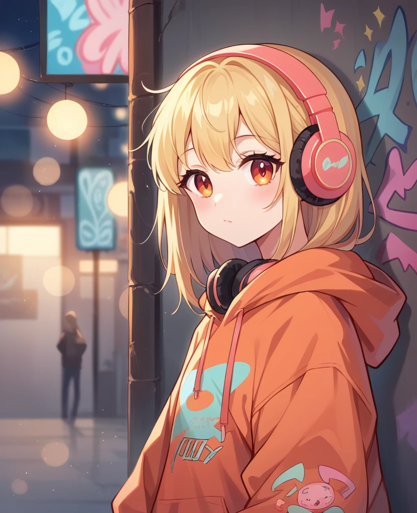 Cute cat dressed in a Orange red fire neon hoodie with pastel gold blonde accents, oversized headphones snugly fit around its neck, mid-action as it maneuvers through an urban setting, backdrop of graffiti-covered walls, contemporary streetwear fashion vibe, pastel tones, soft-focus background, bokeh lights, digital painting, ultra fine, ultra realistic