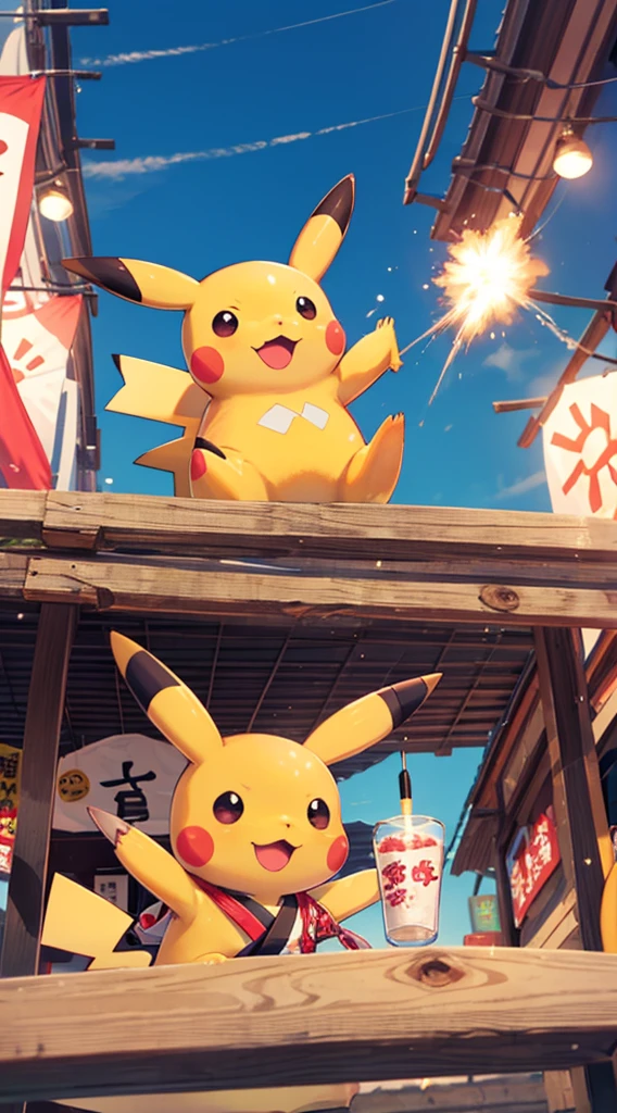 Pikachu unleashes 100,000 volts,Summer festival,stall,