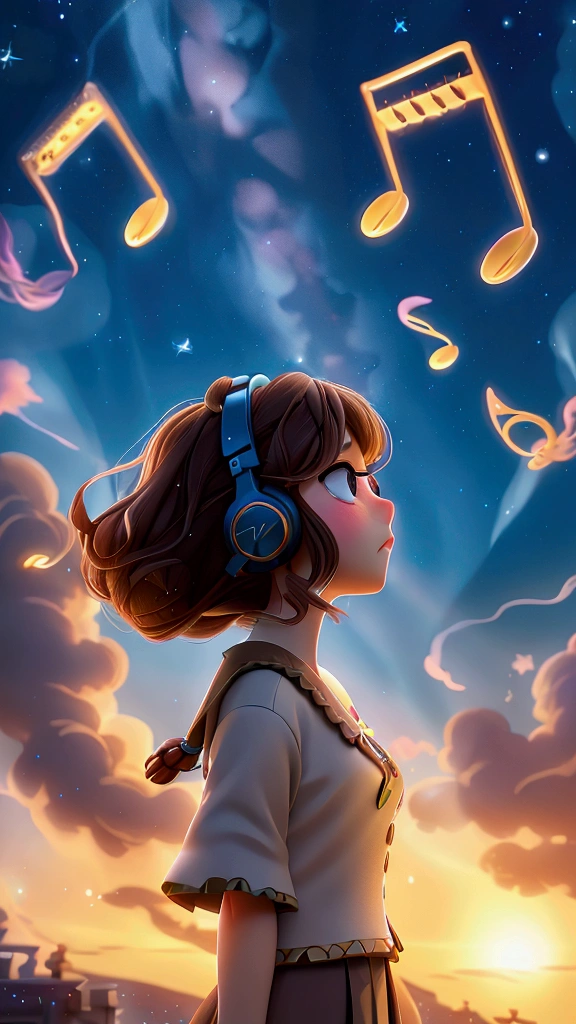 Surrounded by musical notes、Ghibli-style images、One girl, High resolution, Brown Hair, Sparkle Effect, Backlight, Highest quality, headphone、Soaring in the night sky
