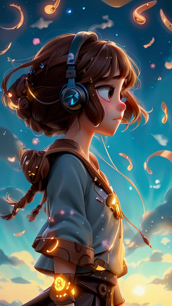 Surrounded by musical notes、Ghibli-style images、One girl, High resolution, Brown Hair, Sparkle Effect, Backlight, Highest quality, headphone、Soaring in the night sky
