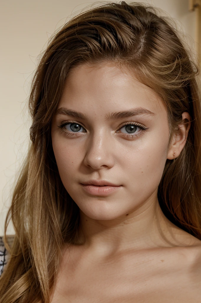 femme tres réaliste, jeune, 17 ans, cheveux blond, trait de visage réaliste, regard la camera, italienne, belle, jeune, nu, sur un lit
