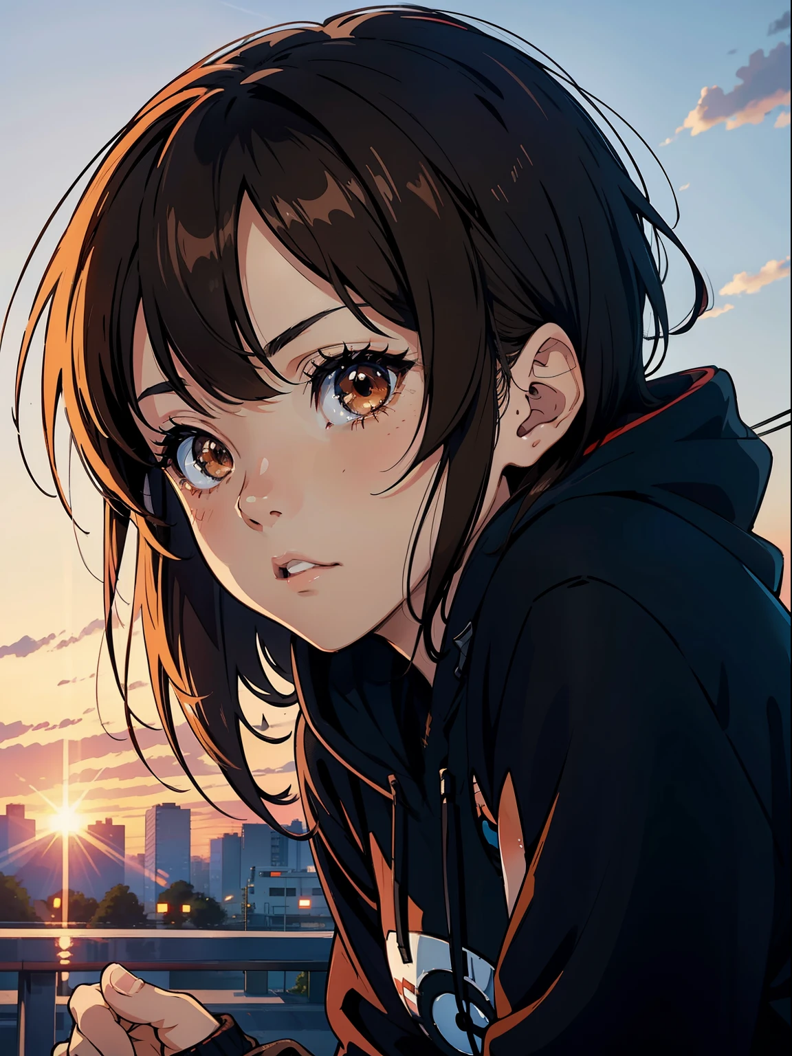 Extreme close-up of anime girl staring at camera with expressionless face, She has brown hair and brown eyes, Wearing a black hoodie. Shinkai Makoto style. Bokeh. depth of fields. Film grain. Sunset in the background.