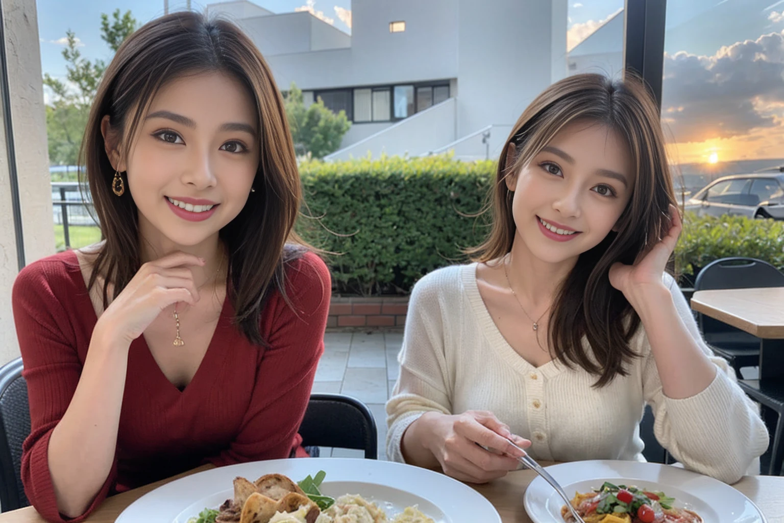 （Realistic:1.1）,(masterpiece,Highest quality)，8k,(44 years old), 47 years old, slimカップル、Model Couple、actress/actor、Tight waist,Upper Body,full-course dinner、wine 、Amazing view of the sunset sky and clouds、Perfect Anatomy, Brown Hair, short hair,Random Hairstyles,((Highly detailed face and eyes:1.2))(cute顔:1.4)，美しいactressの顔，Perfect golden ratio face，Long sleeve shirt、dress,(smile:1.2)、Shortcuts、cute、(Realistic, Intricate details:1.2), A bright smile、short hair,Bright Face、赤wine 、Appetizers、Italian food、wine bottle、Champagne、スパークリングwine、(slimな顔), (The body is slim), (Brown Hair), (Shortcuts),  Upper Body, 白wine, slim, wineグラス, 