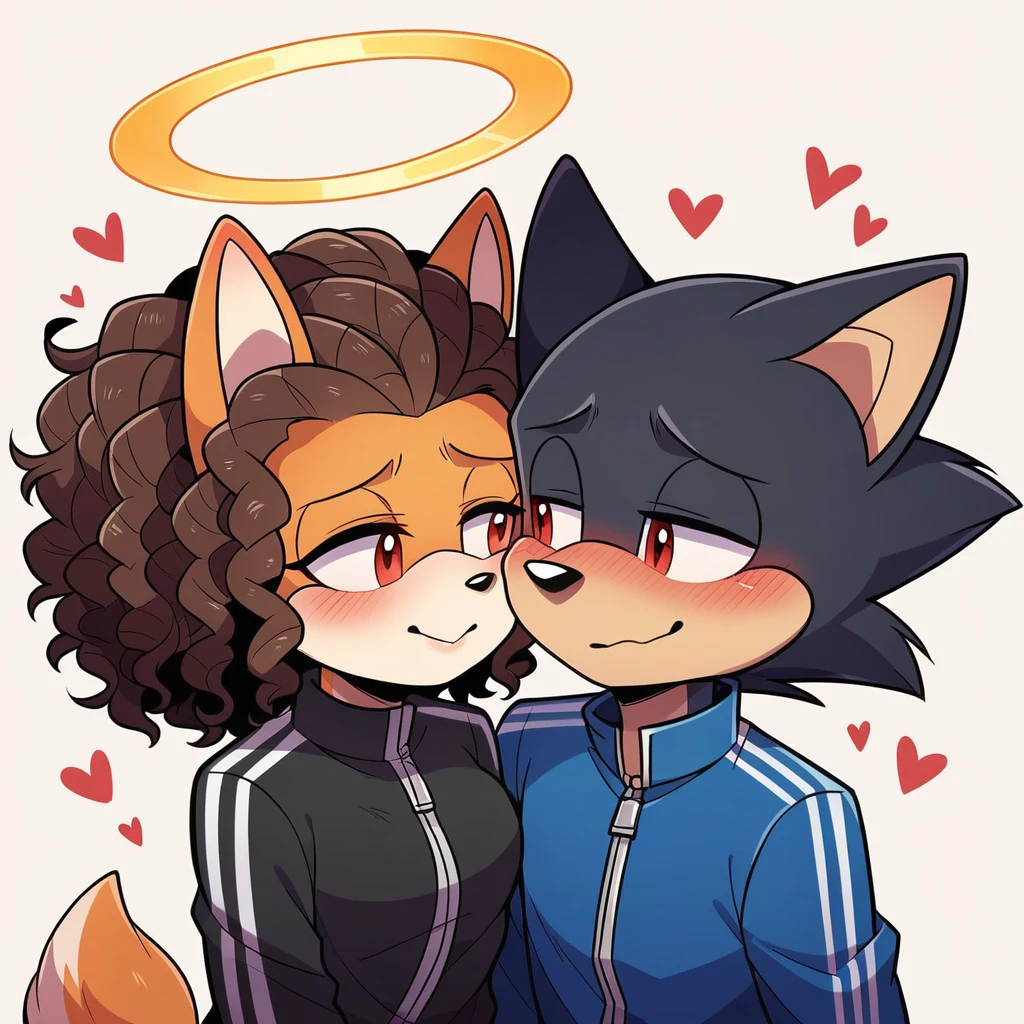 score_9, score_8_up, mobian, female,  hedgehog, two-tone fur ((orange fur, brown fur)), pyjamas, two-tone hair (brown hair, black tip)), curly hair, halo, red eyes, longeyelashes, red eyes, smile, shy, blush,  female/male, mobian, anthro wolf, wolf tail, (((black body fur)))+++, (dreadlocks), brown eyes, Wearing a tracksuit, cute,  hearts, kissing, in love