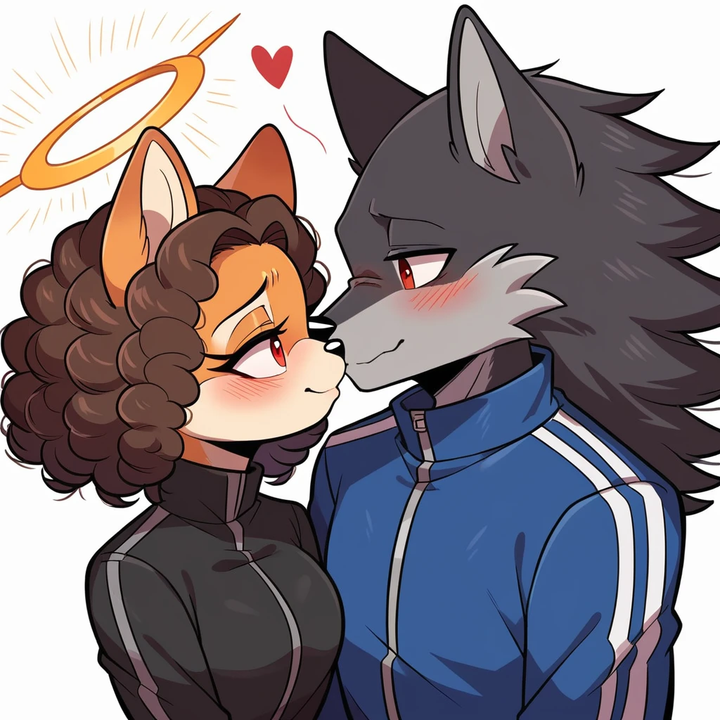 score_9, score_8_up, mobian, female, hedgehog, two-tone fur ((orange fur, brown fur)), pyjamas, two-tone hair (brown hair, black tip)), curly hair, halo, red eyes, longeyelashes, red eyes, smile, shy, blush, female/male, mobian, anthro wolf, wolf tail, (((black body fur)))+++, (dreadlocks), brown eyes, Wearing a tracksuit, cute, hearts, kissing, in love