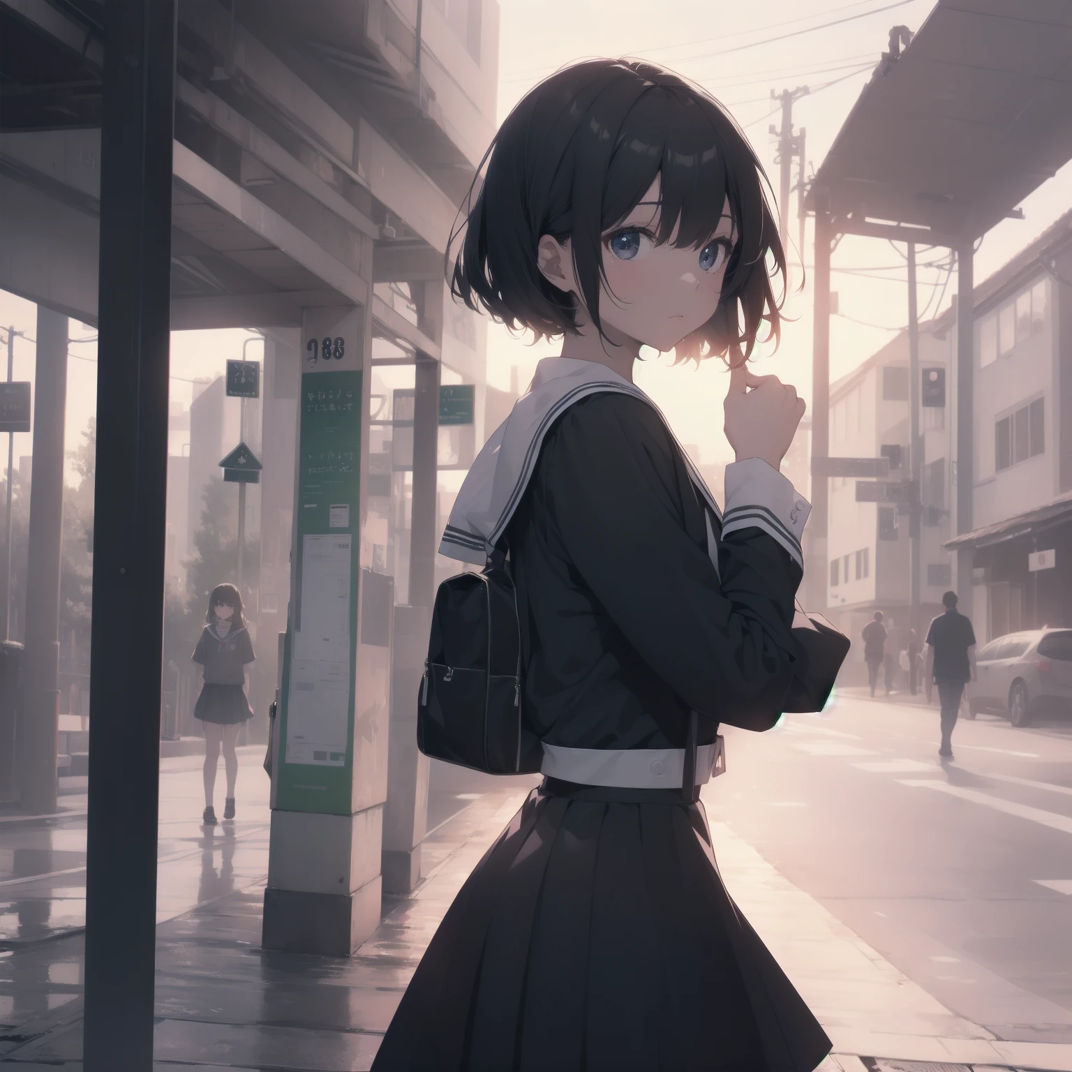 ultra-absurdres-Top quality by artist God, ultra-detailed, high resolution, anime moe artstyle, best anime 8k konachan wallpaper, pixiv contest winner, pool:2810, perfect anatomy,break, 1girl, (Please draw a girl walking sleepily to school alone. )break,(Solo,little female, 13-year-old:1.3),Full limbs, complete fingers,a junior high school student, (very short hair), short cut, flat chest, , small butt, small black eyes, beautiful detailed eyes, well-proportioned iris and pupils, expressive eyes, highres detailed hair, soft expression, salor school_uniform, sailor collar, serahuku, bow, pleated skirt,(Detailed Lighting), (Detailed background), in the School commute route. break,super detailed skin, Best cinematic lighting powered by famous artist, 8k,beauty illustration,photoshop_(medium),very aesthetic,break,((artist:kotorai )), artist:clamp ,artist:carnelian ,artist:kantoku ,