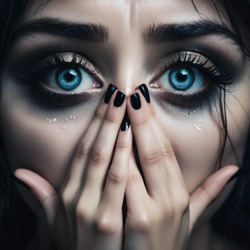 Make a dreamy mysterious horror style image symbolizing anxiety and hope, symbols of fingers crossed and crying eyes