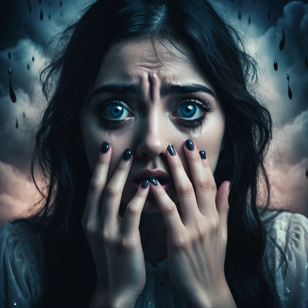 Make a dreamy mysterious horror style image symbolizing anxiety and hope, symbols of fingers crossed and crying eyes
