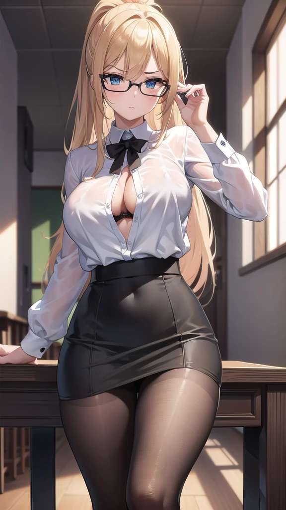 BREAK (masterpiece:1.2), best quality, high resolution, unity 8k wallpaper, (illustration:0.8), (beautiful detailed eyes:1.6), extremely detailed face, perfect lighting, extremely detailed CG, (perfect hands, perfect anatomy),school,hallway,desks,windows,tables,teacher,long haired,ponytail,glasses,hair between eyes, big green eyes, white blouse,cleavege,neckline,unbutton blouse,lace bra,nipples see through,skirt,brown skirt,long pencil skirt,pantyhose,bend over table,angry face,