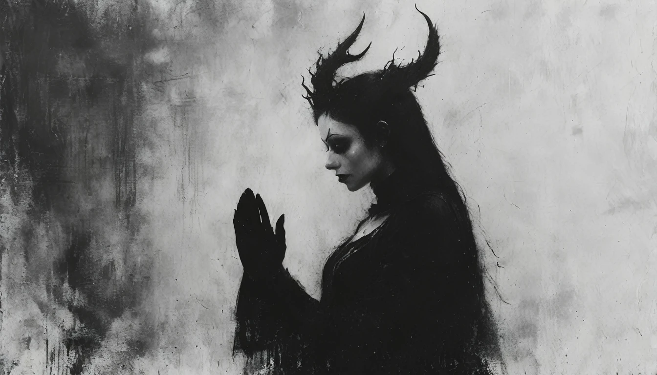 a painting of a holy succubus with horns, in prayer with upraised hands, gloves, (close-up), vampire the masquerade bloodlines, incredible art, gloomy background, nimbus, church ragged vestments, darksketch, minimalism, side view