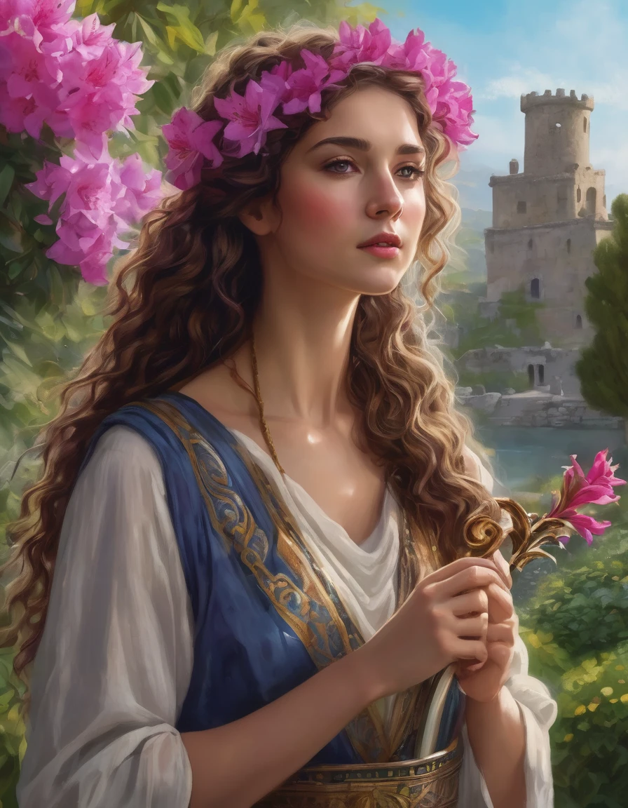 Girl with long curly brown hair, tied up in hair, with Greek diadem, in a Greek sleeveless tunic plays the pipe in the garden, where rhododendrons bloom and strange birds sing. Background of an ancient castle, high quality sharpness and photorealism, ultra-detailed, UHD RAW photo, 8k high quality detailed, 128 mp, diamond photo processing, oil paints, bright colors