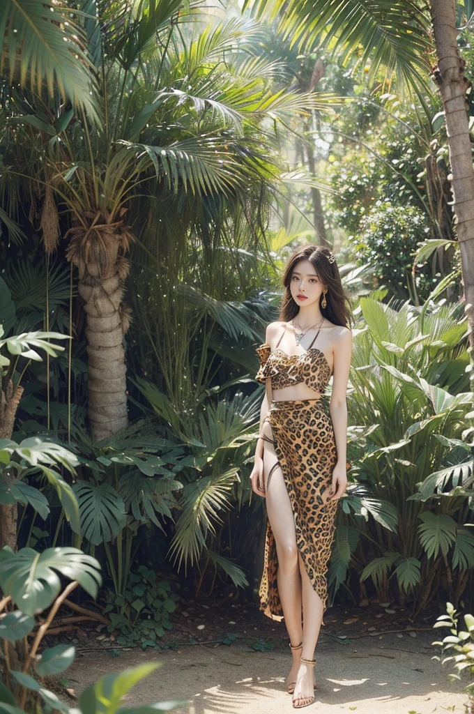 (((best quality))),(((ultra detailed))),(((masterpiece))),illustration,((1 beautiful girl,solo)),(shoulder length messy hair:1.2),((Beast bone earrings and necklace)),((slim,thin)),((small breasts,flat chest)),(slender legs:1.2),fair complexion,(leopard print dress:1.3),(standing:1.3),(arms behind back:1.3),seductive,wild spirit,lush forest,primitive,tall trees,green canopy, sunlight filter,scent of earth,bird chirping,small creatures,secluded spot,captivating,enigmatic,raw energy,untamed spirit,morden day Eve,Garden of Eden,playful,adventurous,striking appearance,exotic setting,summertime,heat,humidity,vibrant colours,endless possibilities,exquisite detail,expansive wilderness,feminine allure,((from front,full body))