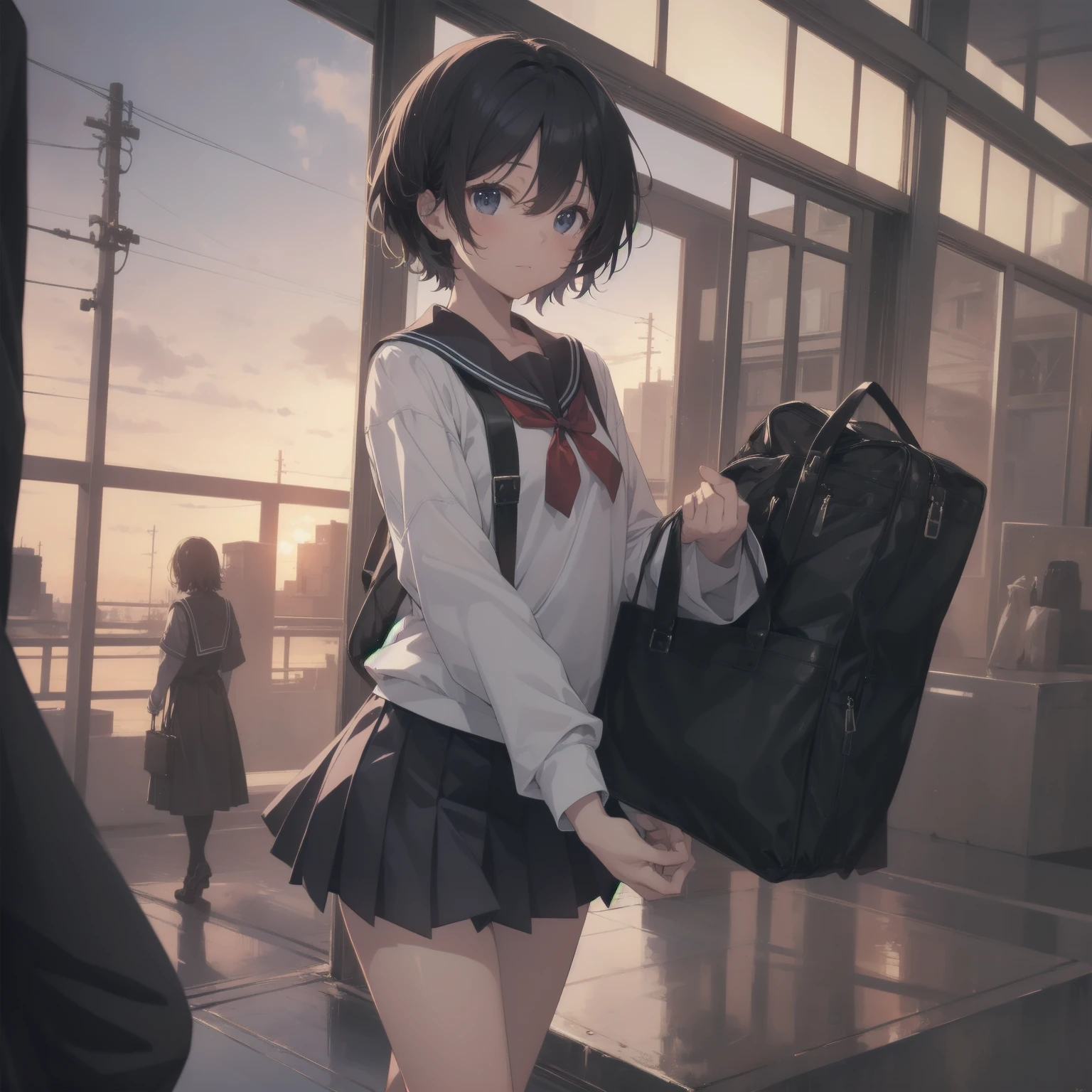 ultra-absurdres-Top quality by artist God, ultra-detailed, high resolution, anime moe artstyle, best anime 8k konachan wallpaper, pixiv contest winner, pool:2810, perfect anatomy,break, 1girl, (Please draw a girl walking sleepily to school alone. )break,(Solo,little female, 13-year-old:1.3),Full limbs, complete fingers,a junior high school student, (very short hair), short cut, flat chest, , small butt, small black eyes, beautiful detailed eyes, well-proportioned iris and pupils, expressive eyes, highres detailed hair, soft expression, salor school_uniform, sailor collar, serahuku, bow, pleated skirt,(Detailed Lighting), (Detailed background), in the School commute route. break,super detailed skin, Best cinematic lighting powered by famous artist, 8k,beauty illustration,photoshop_(medium),very aesthetic,break,((artist:kotorai )), artist:clamp ,artist:carnelian ,artist:kantoku ,