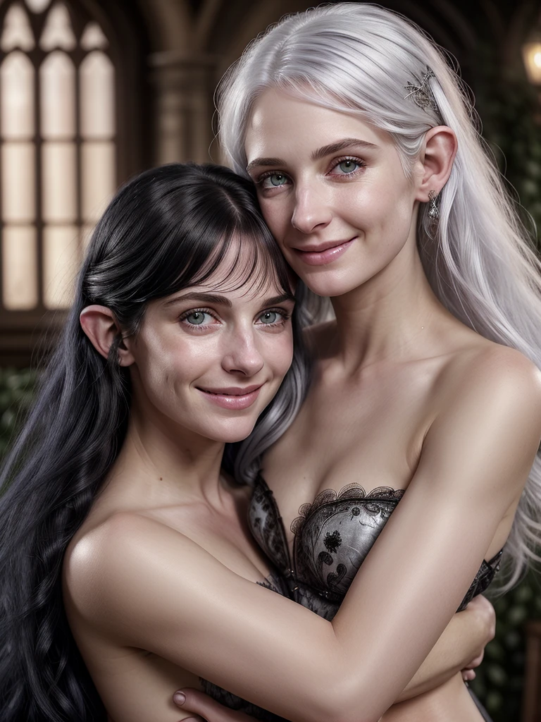 realisitic, fotorrealisitic, high qualiy, CRU photo, Two beautiful elven women, One with black hair, One with white hair, Hug each other, fantasy aura, enchanting, altamente realisitic, reddish skin, very cute, a minuscule amount of clothing, feeling of pleasure, Hyper-Realism, naturally skin, direct gaze, small smiling, fine facial features, (Depth of field), cinematic soft lighting