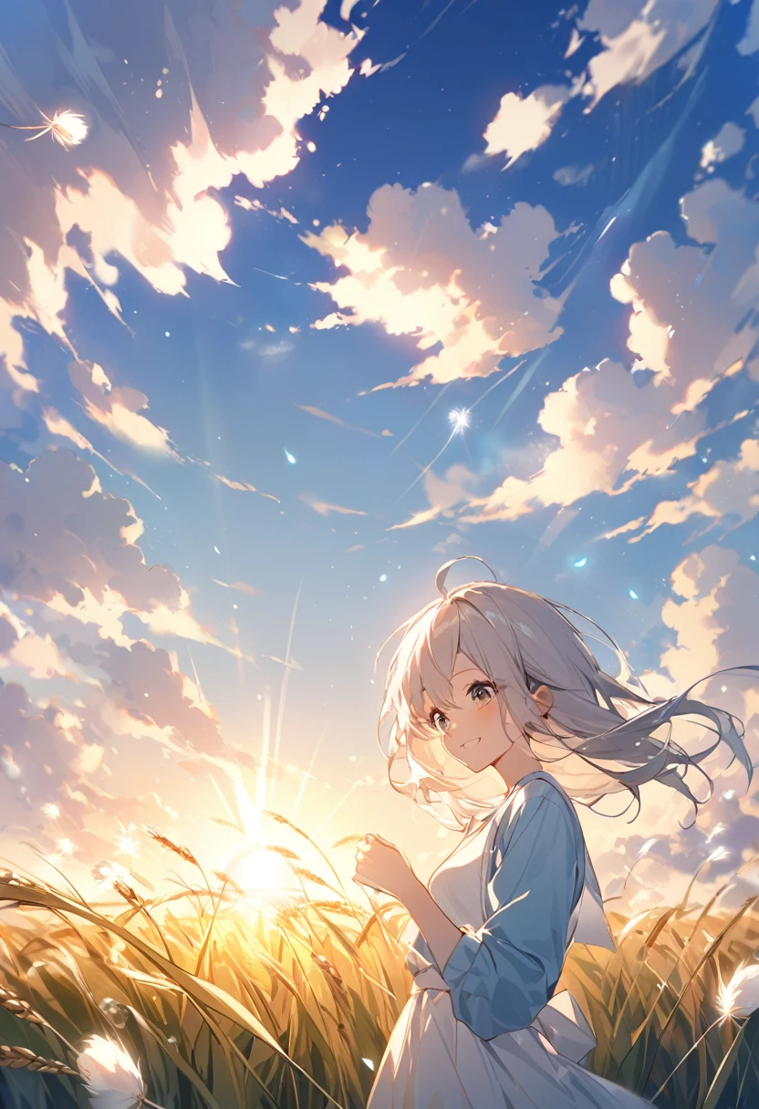 (zh-CN) Farmland, Morning Dew, Sunlit wheat field, Leisurely blooming dandelion, (1 girl), A big smile in the bright sun, Wearing light cotton clothing, Blue Shirt, Gentle and natural.countryside