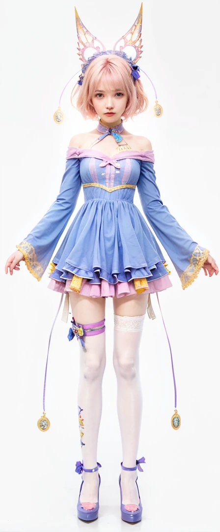Female face, 1 woman, womans face, woman, bonitas, white and pink hair, clean skin, happy face, yellow Eyes, blue dress, several bells on clothes, realisitic, More details, The 70 mm, (8k, best quality, masterpiece:1.2), (realistic, photo-realistic:1.37), ultra-detailed, A detailed portrait, The scene is illuminated with professional lighting, photon mapping, and radiosity, with Tetsuya Nomura Style. Blur bokeh effect, realistic light.