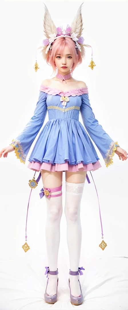Female face, 1 woman, womans face, woman, bonitas, white and pink hair, clean skin, happy face, yellow Eyes, blue dress, several bells on clothes, realisitic, More details, The 70 mm, (8k, best quality, masterpiece:1.2), (realistic, photo-realistic:1.37), ultra-detailed, A detailed portrait, The scene is illuminated with professional lighting, photon mapping, and radiosity, with Tetsuya Nomura Style. Blur bokeh effect, realistic light.