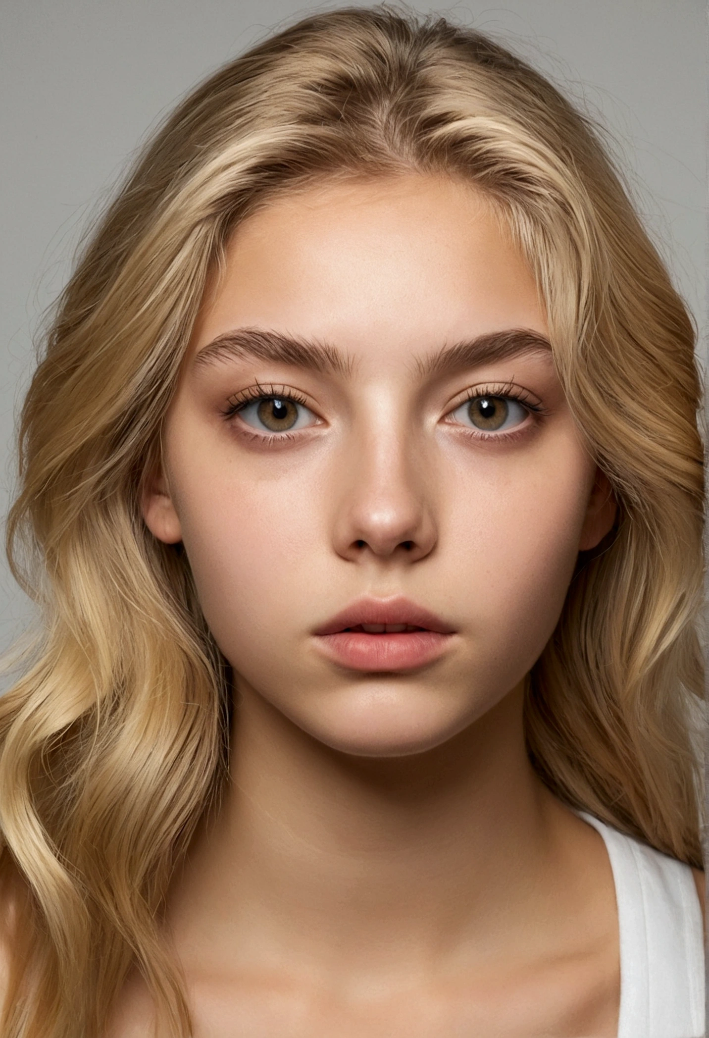 femme très réaliste, jeune, , cheveux blond, trait de visage réaliste, regard la camera, espagnol, regard de coquine